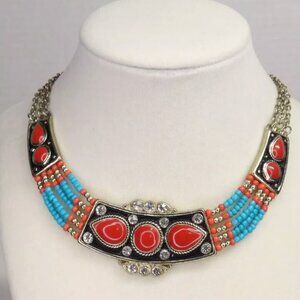 Statement Necklace, Red Coral & Turquoise Colored Beads Tribal Gypsy Bib Boho